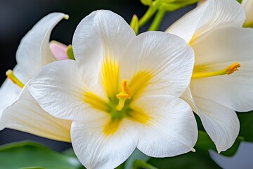 Obraz premium Beautiful White Flower with Yellow Center in Soft Focus Background