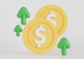 3D Gold coin with green arrow pointing up, Increase Money.