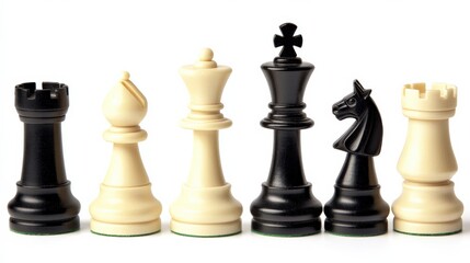 Chess Pieces Arrayed on a White Background for Strategic Game Visuals