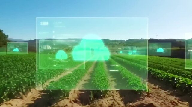 4K cinematic shot of blockchain in agriculture visualizing food supply chain tracking from farm to consumer. Bright lighting highlights transparency and digital tech overlay
