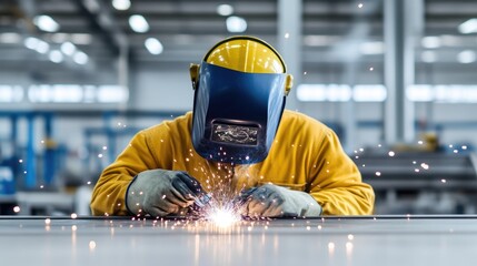 A welder, wearing a yellow jacket and protective gear, welds metal. Sparks fly around him in a factory setting. The image is high-quality, well-lit, and shows a focused worker. The style is realisti