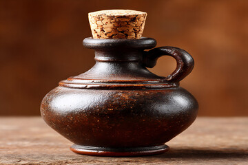 p: a still life of a small, rustic bottle with a cork stopper, placed on a wooden table