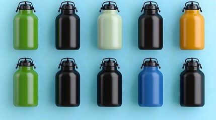 A diverse array of reusable water bottles in various colors and designs  long title An assortment