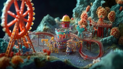 Fototapeta premium Miniature amusement park with a ferris wheel and roller coaster