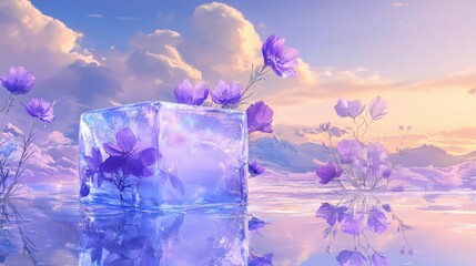 On mirror with sky, purple flowers are frozen in an ice block illustration