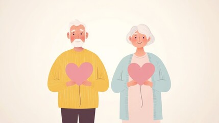 Elderly Couple Holding Hearts Illustration, Flat Design, Love Concept