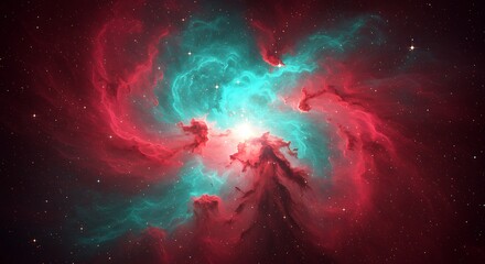 Fototapeta premium Cosmic Dance: Teal and Crimson Nebula AI Generated