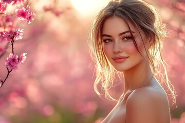 Naklejka premium Commercial digital ads concept art. Spring mood, dawn light and fog. Attractive caucasian young woman surrounded by cherry blossoms. Bright spring fashion with woman and flowers.
