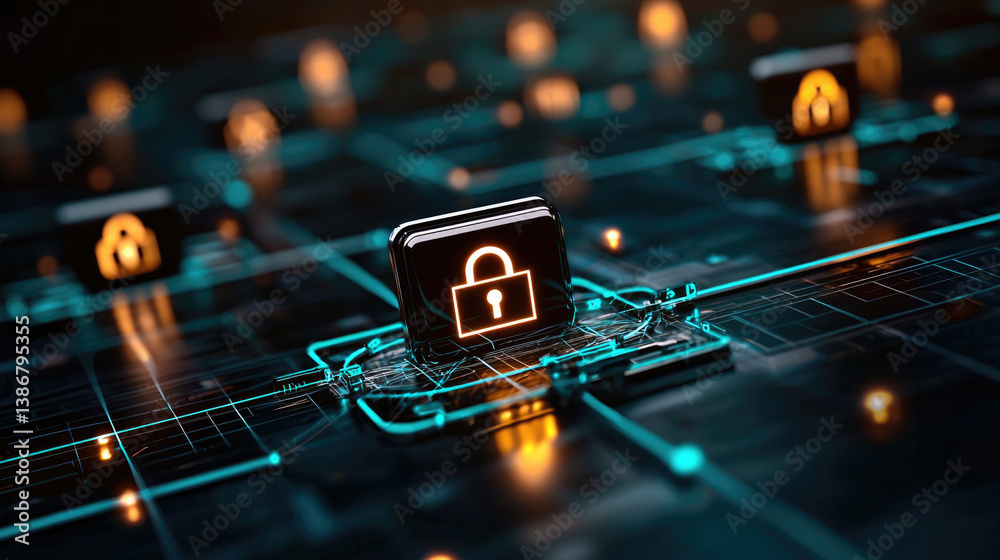 Aufkleber digital network featuring prominent lock symbol, representing cybersecurity and data protection. glowing elements create futuristic atmosphere, emphasizing importance of secure connections