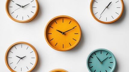 Colorful Analog Clocks on White Wall