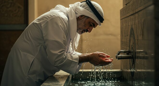 Elderly man doing wudu inside mosque