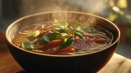 A close-up of a steaming bowl of pho with fresh herbs, noodles, and sliced beef. Featuring comfort and authenticity