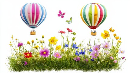 Obraz premium Colorful Hot Air Balloons Above Vibrant Wildflower Field in Spring