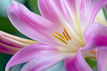 Fototapeta premium Delicate Pink Flower with Vibrant Petals and Yellow Stamen Close-Up