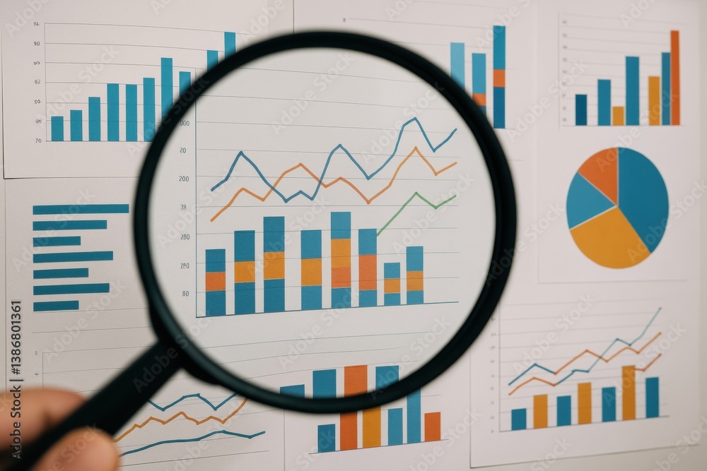 Poster data scrutiny: a detailed examination of financial data visualized in colorful charts and graphs und