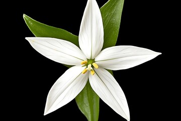 Fototapeta premium Elegant White Flower with Green Leaves Isolated on Black Background