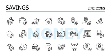 Savings and investment. Money stacks, safe and security vault. Account growth. Vector icons set