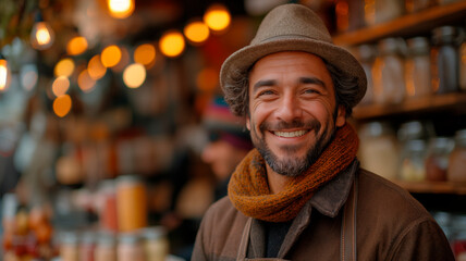 Vendedor sonriente de artesanías mostrando su trabajo con orgullo
