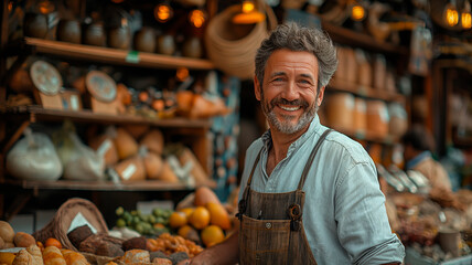 Vendedor sonriente de artesanías mostrando su trabajo con orgullo