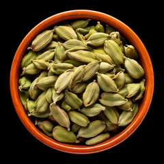 A bowl of cardamom isolated on black background
