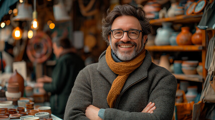 Vendedor sonriente de artesanías mostrando su trabajo con orgullo