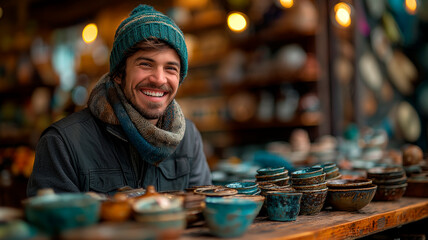 Vendedor sonriente de artesanías mostrando su trabajo con orgullo