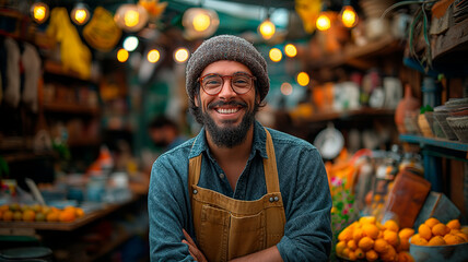 Vendedor sonriente de artesanías mostrando su trabajo con orgullo