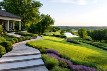 Fototapeta premium Stone paved pathway leading to luxury house overlooking golf course