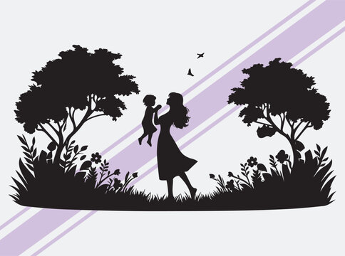 Mother and Child in Nature Silhouette Black Vector for Cards Design Mother's Day, Mother and Daughter, Mother and Son Bonding Clipart 