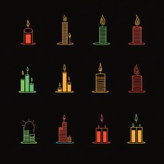 Colorful Candle Icons Set on Black Background for Design Projects