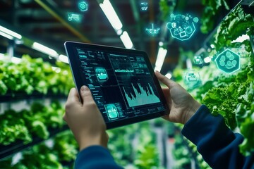 Vertical Farm, Technician Monitoring,  Data Analysis,  Holographic Display