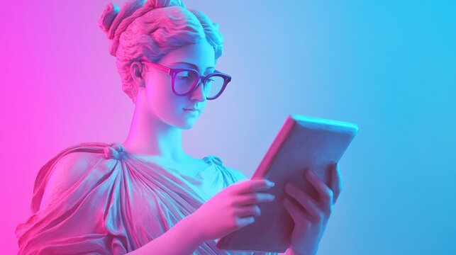 Classical greek statue wearing glasses and using a tablet illuminated with pink and blue light illustration