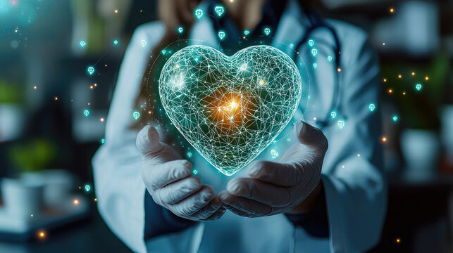 medical professional holds glowing heart symbol, representing care and compassion in healthcare. image conveys sense of hope and innovation in medical technology