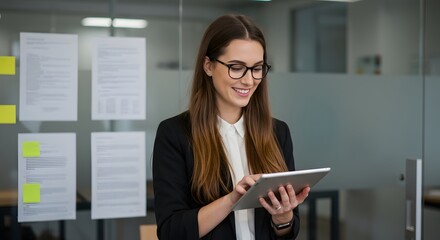 A confident smiling woman with glasses uses a tablet in a modern office, standing near a glass wall decorated with documents and colorful sticky notes.