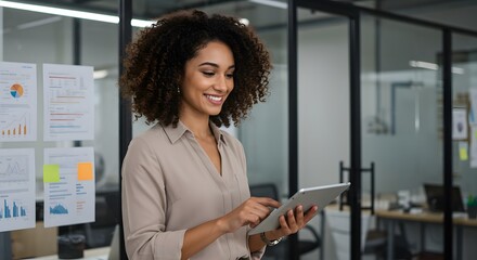 A woman with curly hair and holding a tablet smiles at an office.