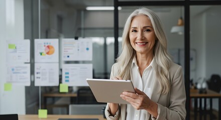 Obraz premium A elderly woman with glasses smiles while using a tablet in a modern office.