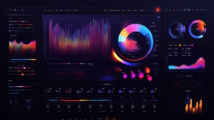 dashboard visualized as colorful , sleek modern interface, Audience insights vibrant palette pie charts and bar graphs illustration