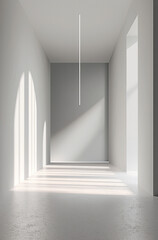 minimalist interior space featuring bright, empty hallway with soft shadows and single light source. clean lines and neutral colors create serene atmosphere