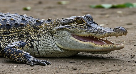 Obraz premium Young Spectacled Caiman on Riverbank: A Wildlife Close-Up AI Generated