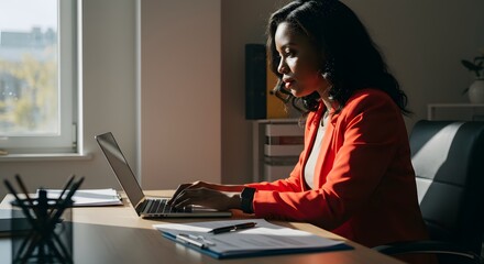 A woman in a red blazer works on a laptop at a desk with documents, in a bright office. Sunlight filters through a window, creating a focused and professional atmosphere.