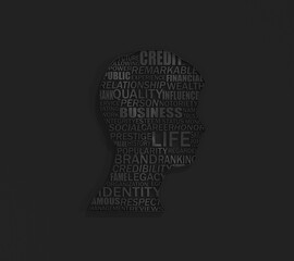 Young man improving reputation concept. Businessman head icon filled with relative keywords. 3D render