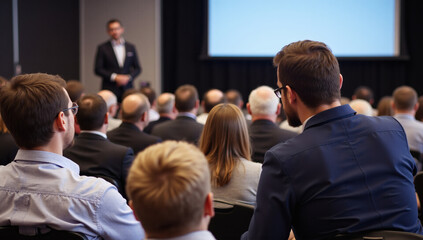 Obraz premium Interrupt Concept Speaker Presenting to Engaged Audience in Modern Conference Hall, Business Meeting, Entrepreneurship Event with Copyspace – Leadership, Motivation, Corporate Success