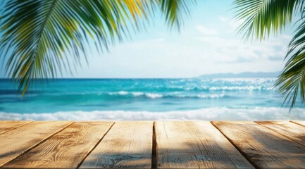 Fototapeta premium Tropical Beach Summer Vacation Paradise: Wooden Deck Overlooking Azure Ocean