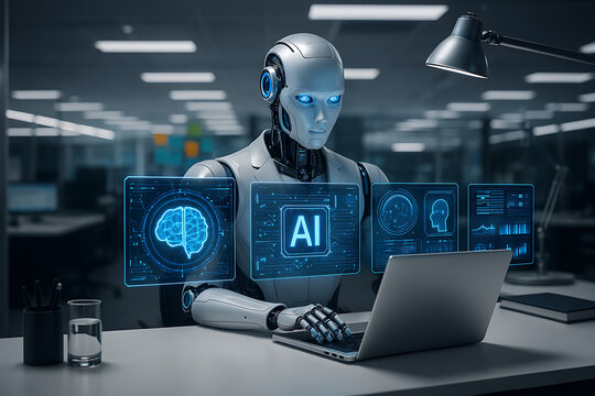 Humanoid robot using laptop with artificial intelligence interface, futuristic office automation concept, AI-powered business productivity, advanced machine learning technology at work