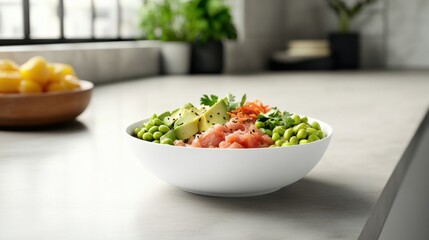 A colorful poke bowl with tuna, avocado, and edamame in a minimalist kitchen. Featuring health and freshness