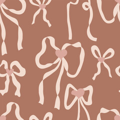 Aesthetic coquette ribbon bow seamless pattern. Perfect print for fabric, paper, textile. Hand drawn vector illustration.