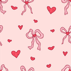 Pink coquette ribbon bows and hearts seamless pattern. Romantic doodle print for fabric, paper, textile. Hand drawn vector illustration.