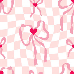 Groovy ribbon bow accessory seamless pattern on grid distorted background. Hippie aesthetic print for fabric, paper, textile. Hand drawn vector illustration.