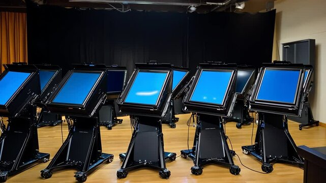 Voting machines lined up in a hall ready for use during an election event