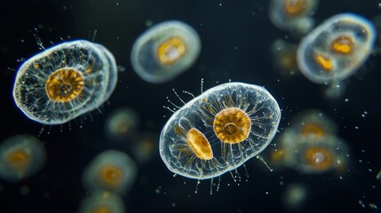 Microscopic organisms with transparent bodies and yellow centers float in
